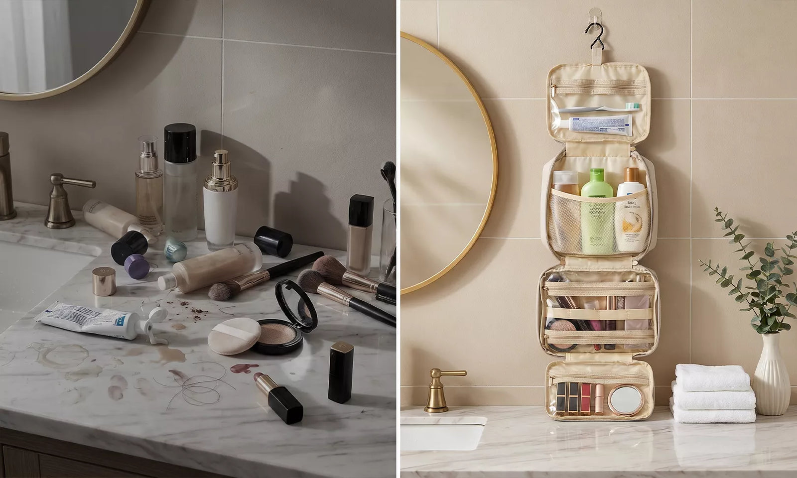 Before and after bathroom counter comparison