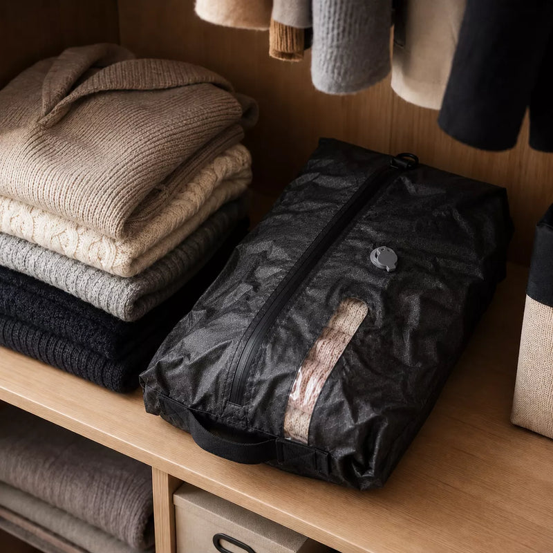 Winter coats compressed in closet storage