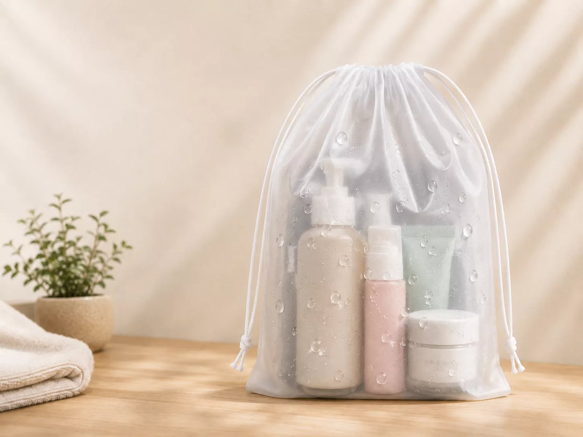 Water beading on the waterproof frosted EVA surface of a WellMall shoe pouch
