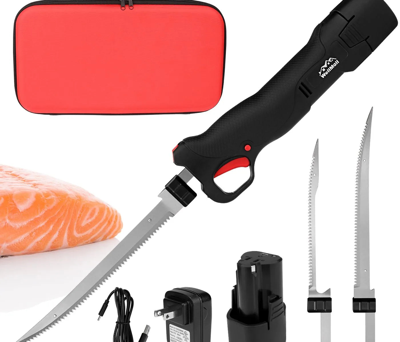 Red hard-shell carry case beside the knife, both blades, the battery and the charger