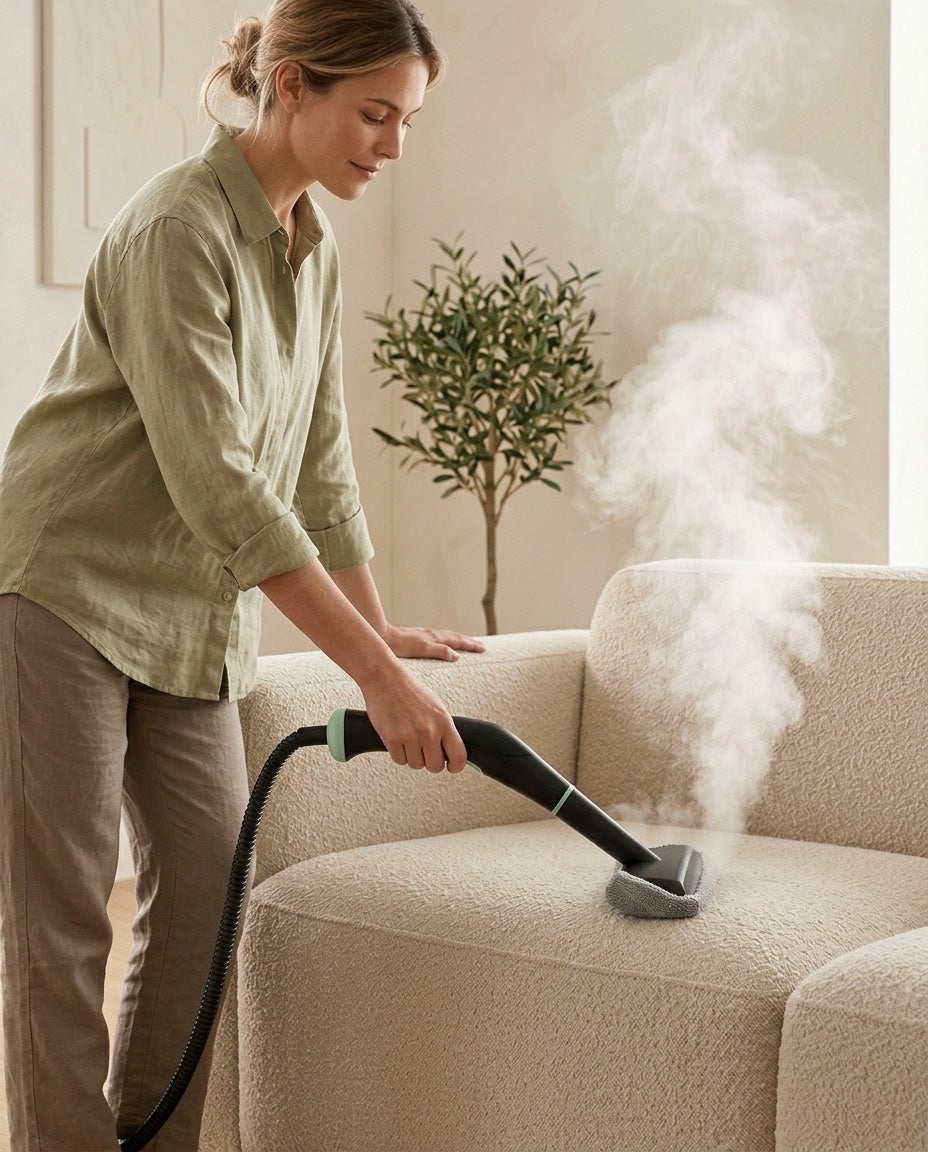 Woman steam cleaning a fabric sofa with the WellMall steam cleaner