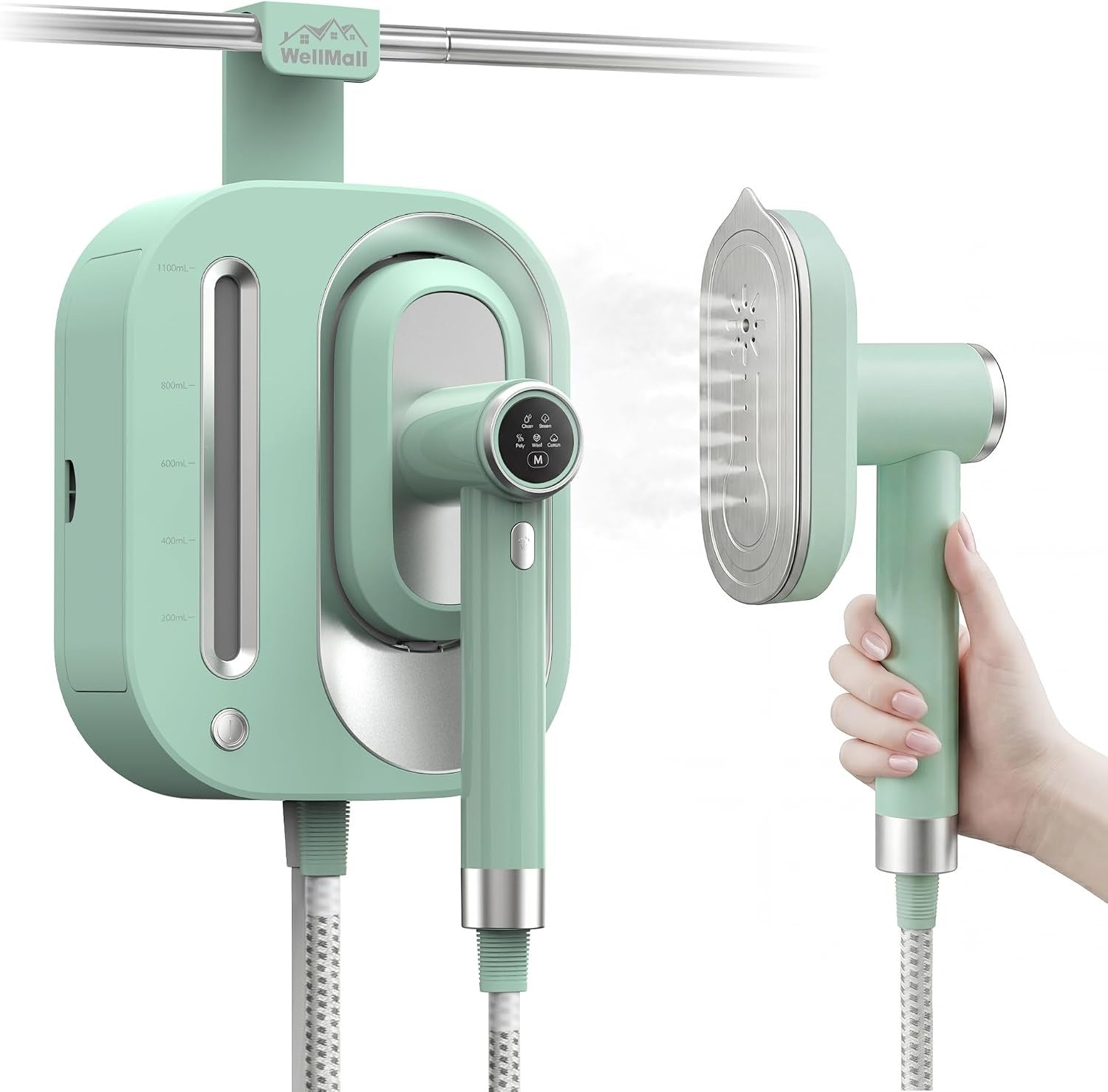 WellMall 2-in-1 garment steamer in green, wall unit with handheld steam head on a white background