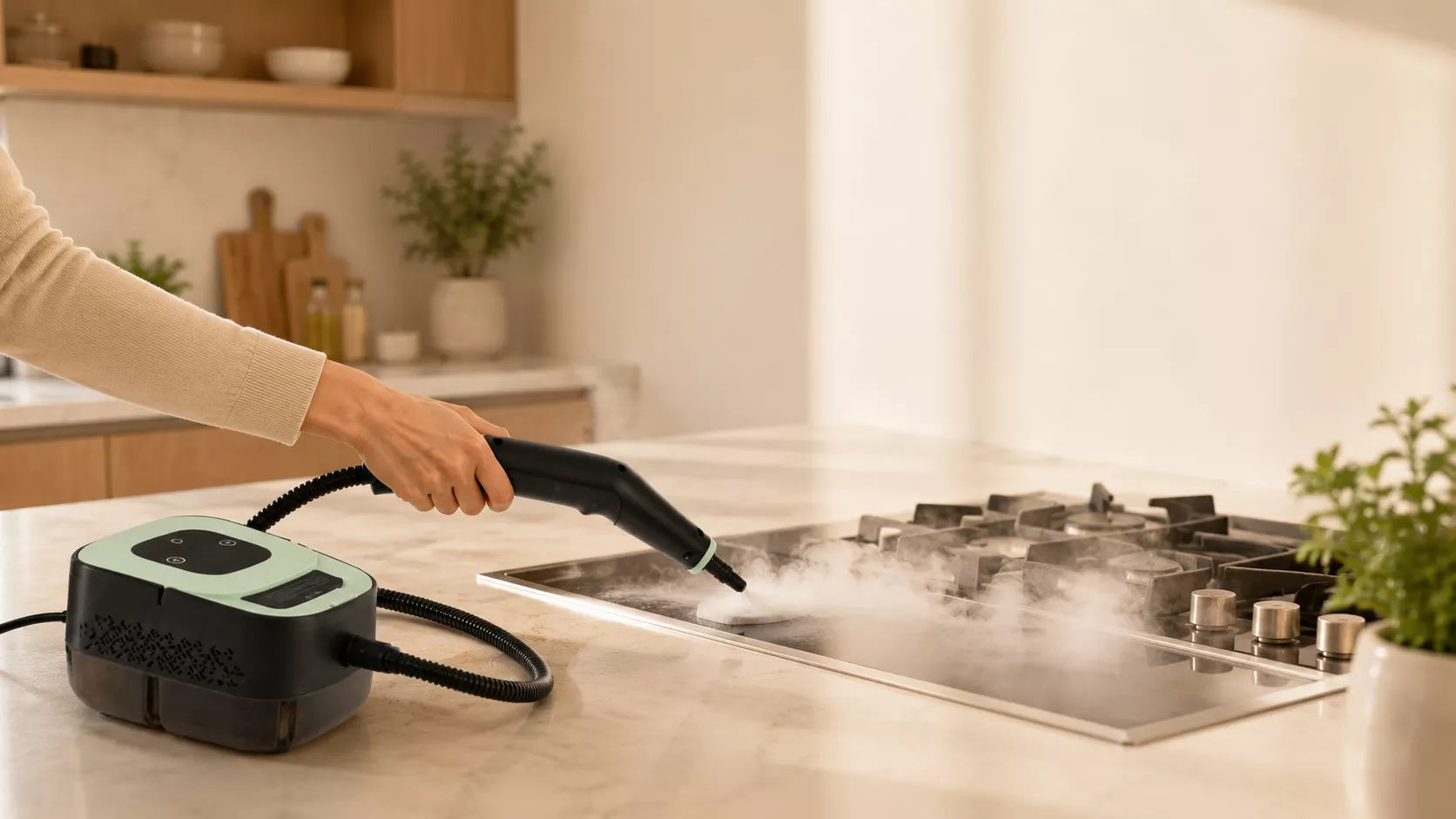 Home cleaning collection banner — black and mint green steam cleaner refreshing a modern kitchen stovetop with visible steam