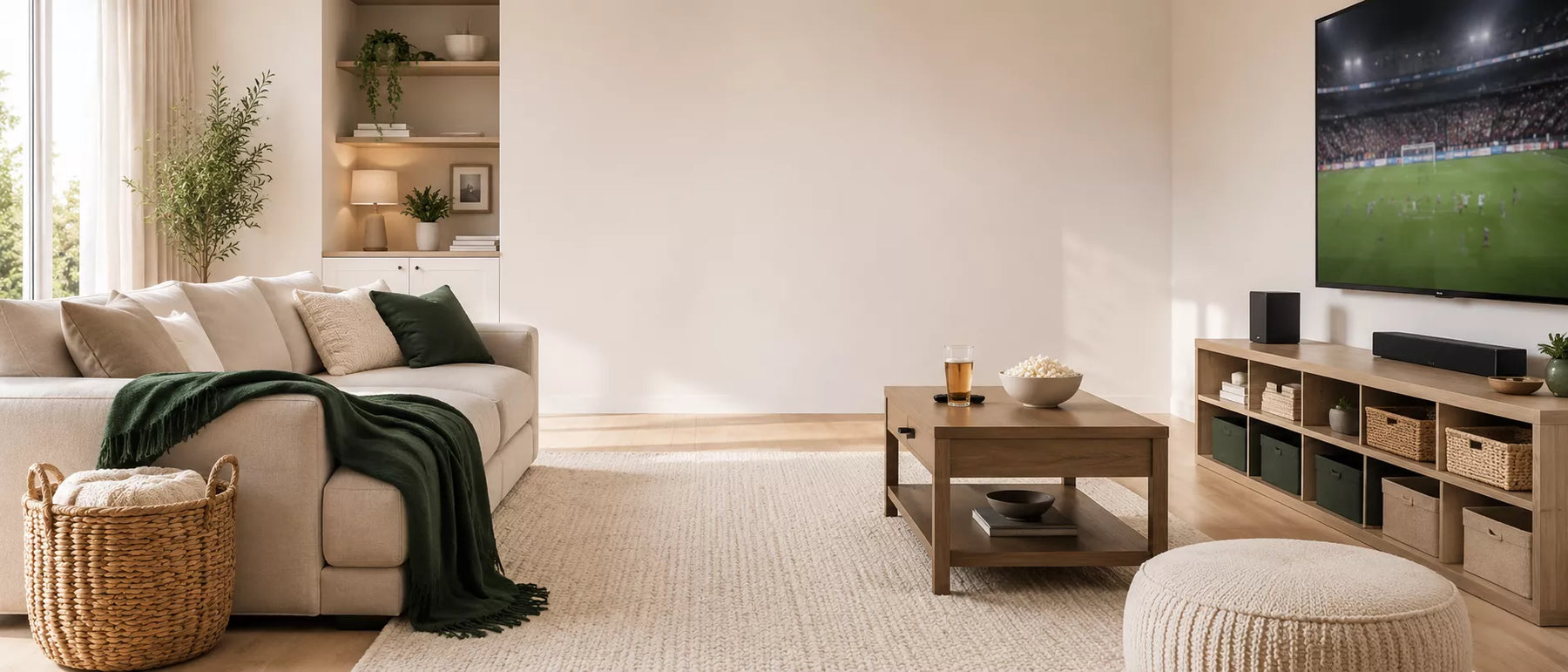Clean home storage collection banner — organized modern living room with storage baskets and match night setup