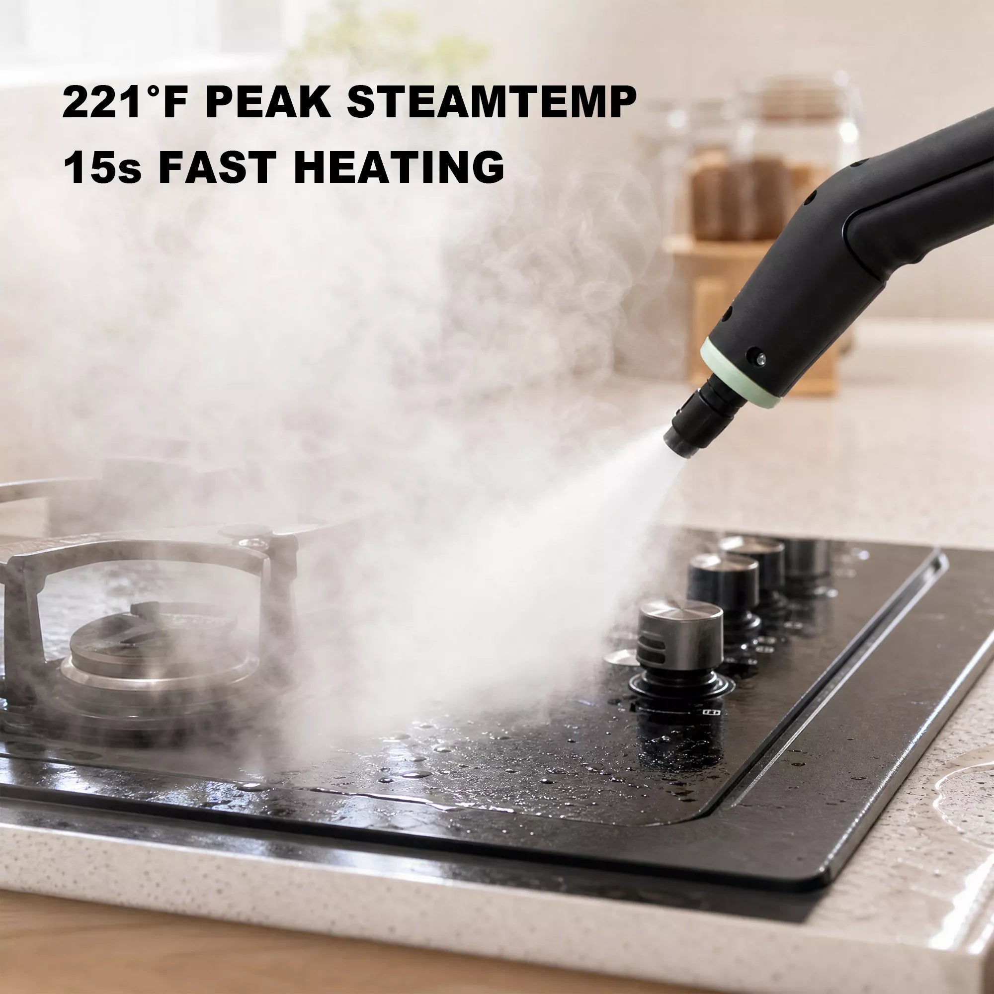 Powerful 221°F pressurized steam jet from WellMall handheld steam wand cleaning a kitchen surface