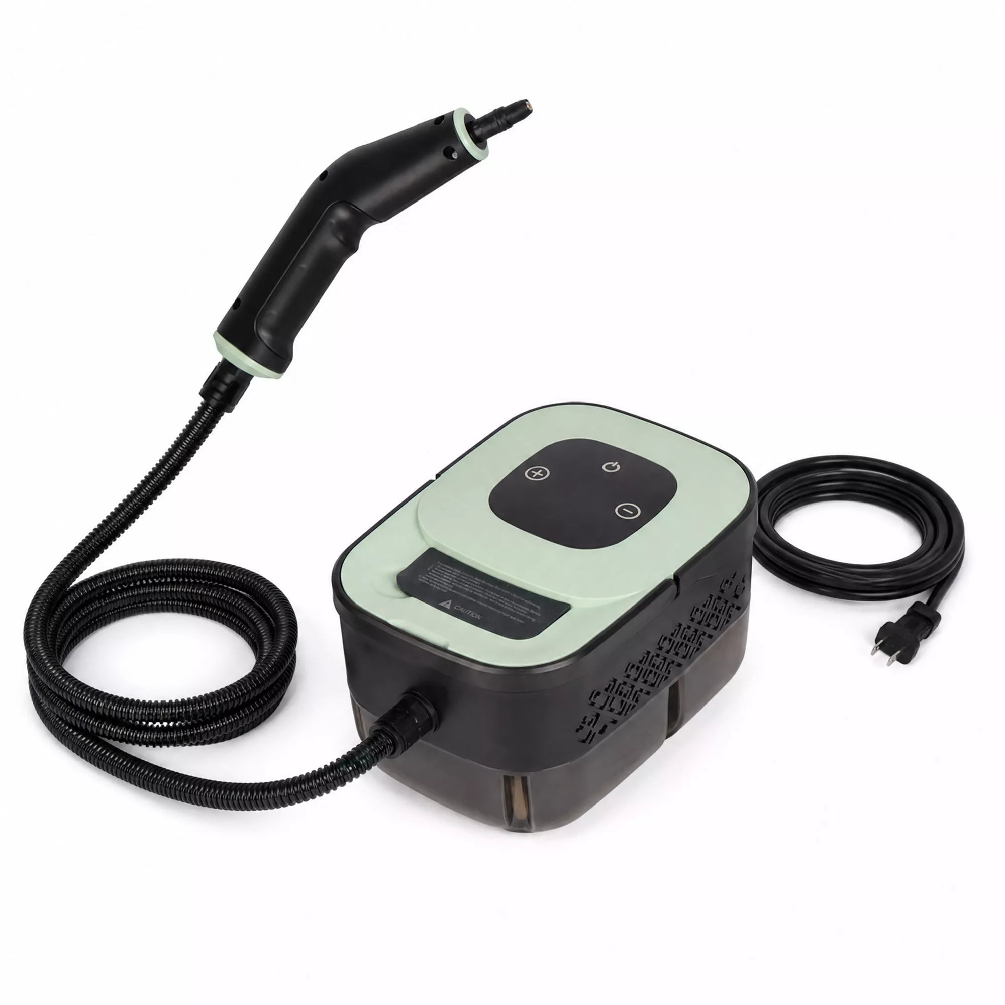 WellMall handheld steam cleaner main unit — mint green top, black body, transparent water tank, 45° front view on white background