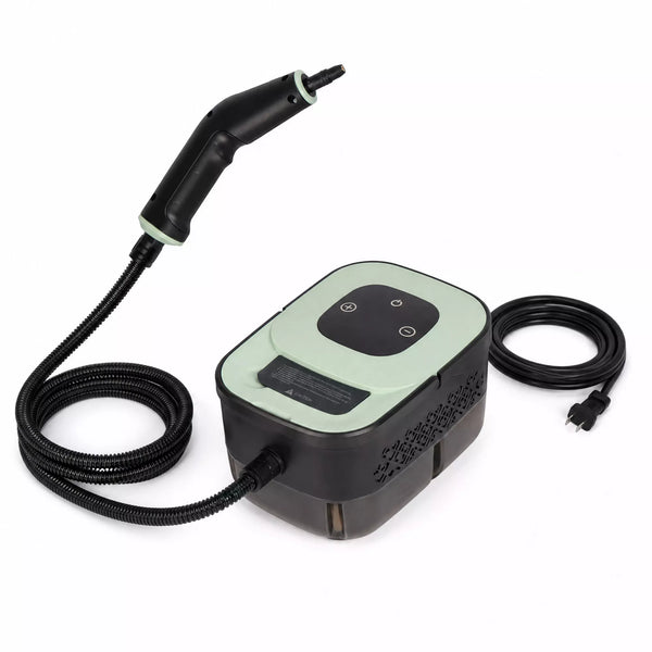 WellMall handheld steam cleaner main unit — mint green top, black body, transparent water tank, 45° front view on white background