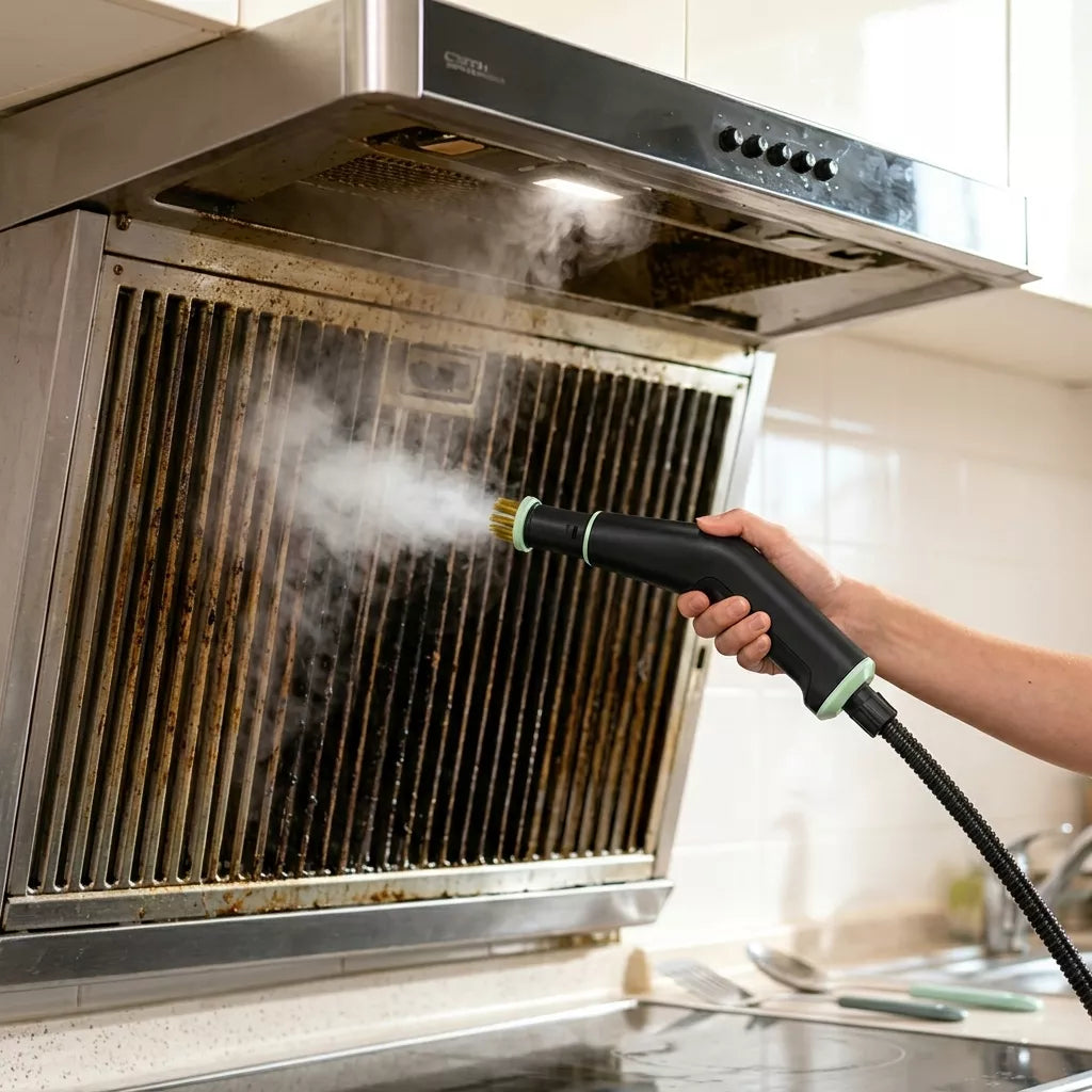 Cleaning a kitchen surface with the WellMall handheld steam cleaner in a modern home