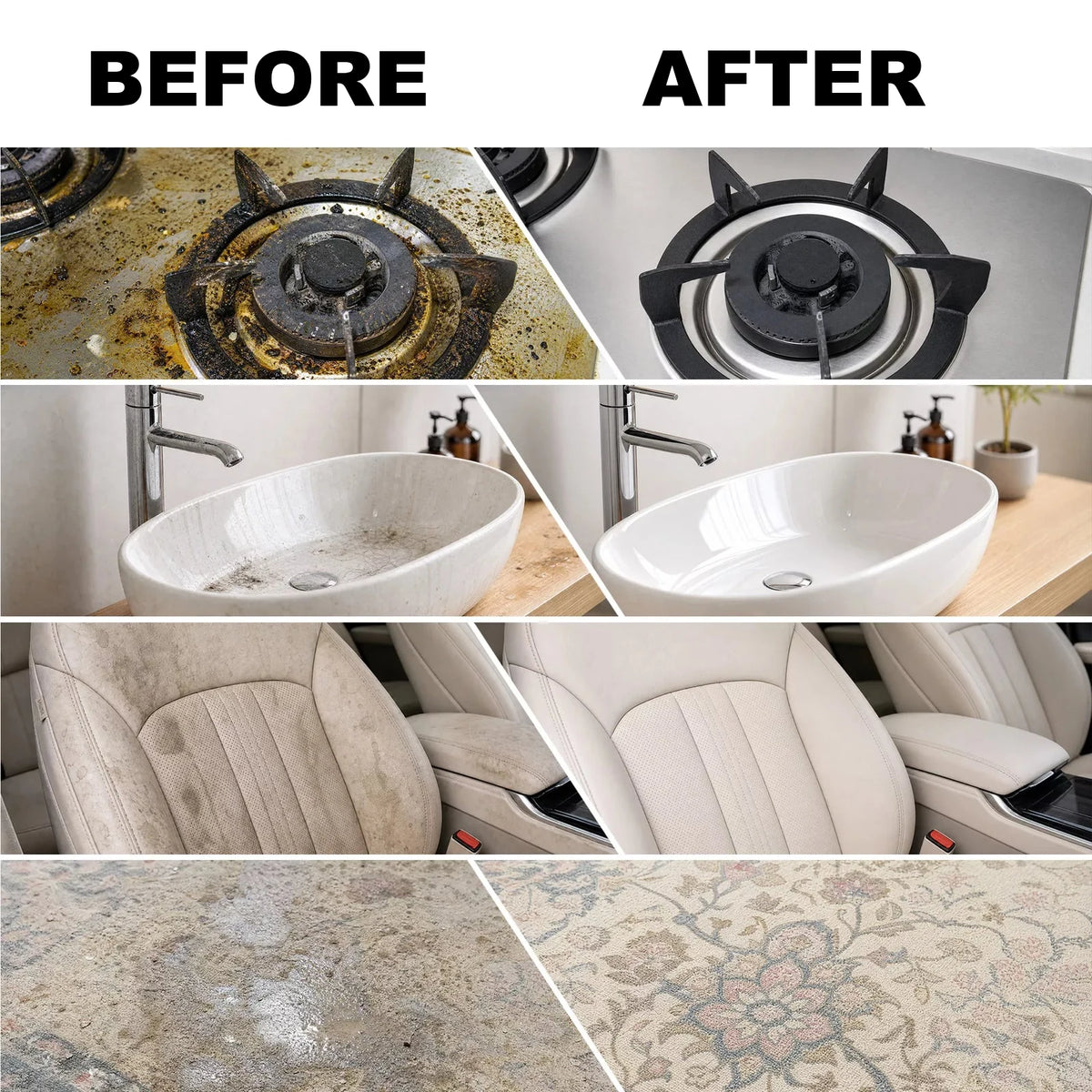 Steam cleaner before and after: gas stove, sink, car seat and tile grout
