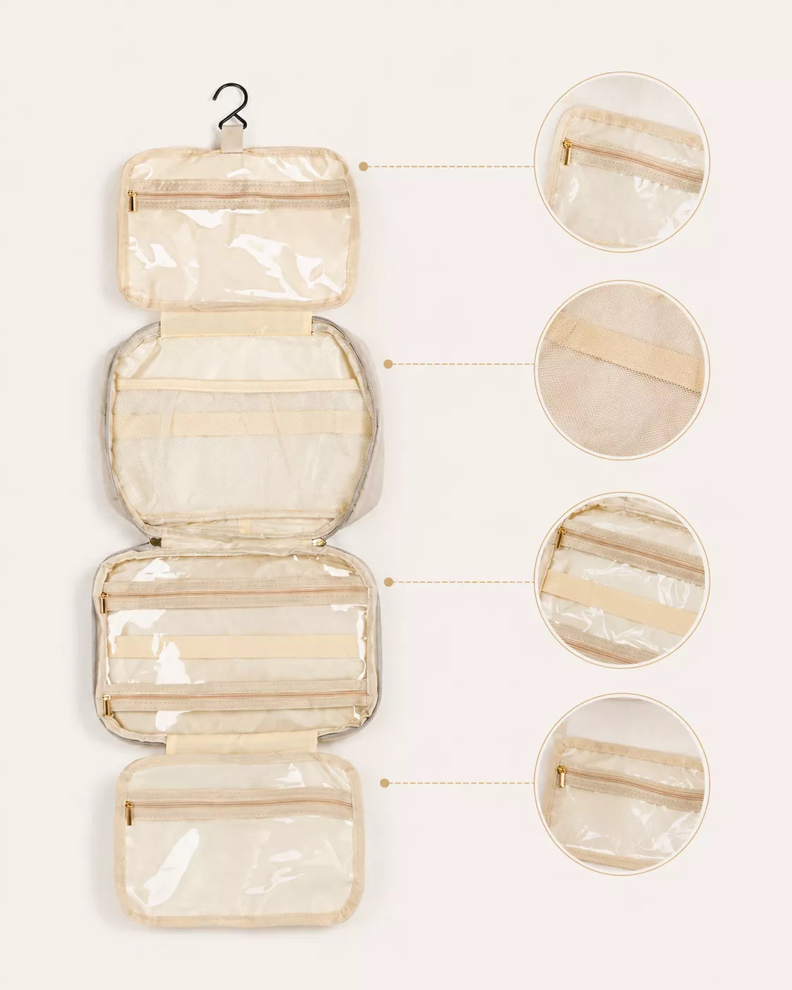 Flat lay of travel vanity organizer with four dedicated zones