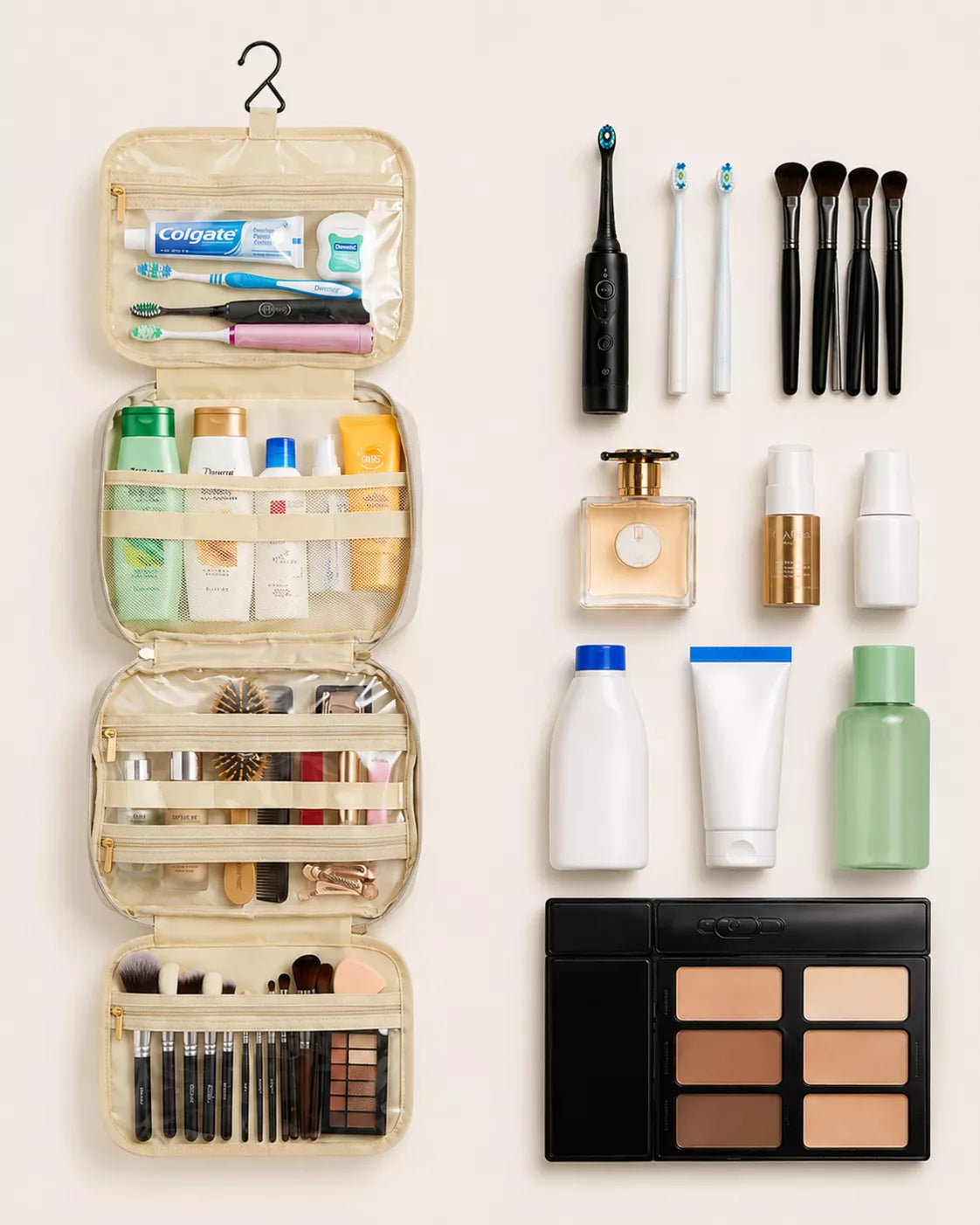 Travel vanity organizer alongside a full daily beauty routine