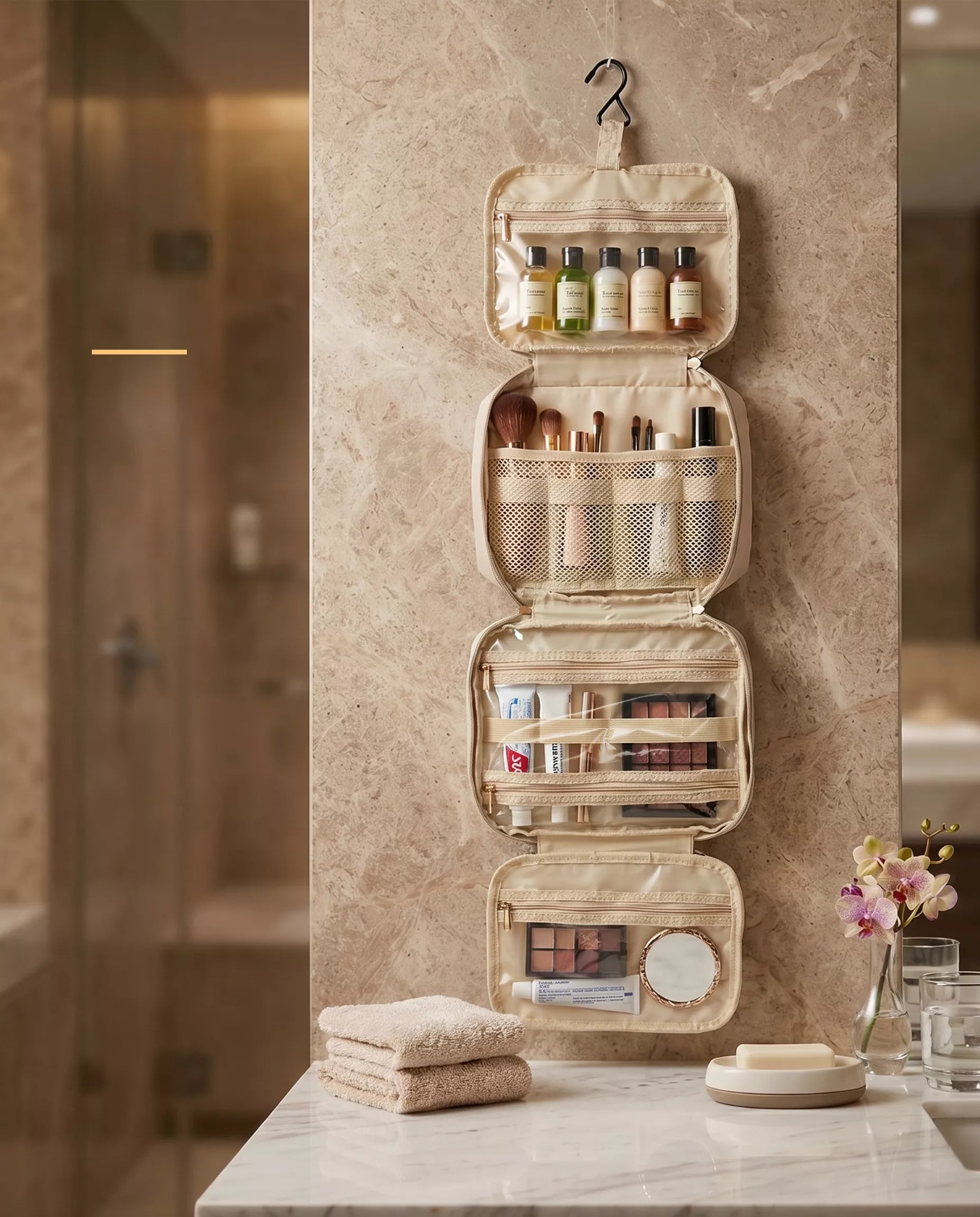 Open travel vanity showing skincare, makeup, brushes and toiletries