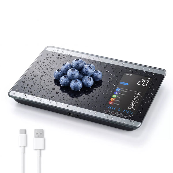 WellMall Vita Voice Food Scale — Talking Nutrition Scale, 500 Foods Offline (Glass, 11 lb)