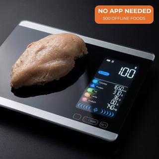 No app needed — 500 foods recognized offline, macros shown right on the scale's screen