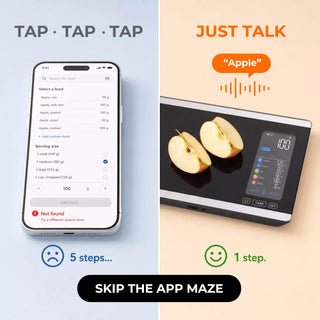 Tapping through an app takes five steps; with the scale you just say it — one step