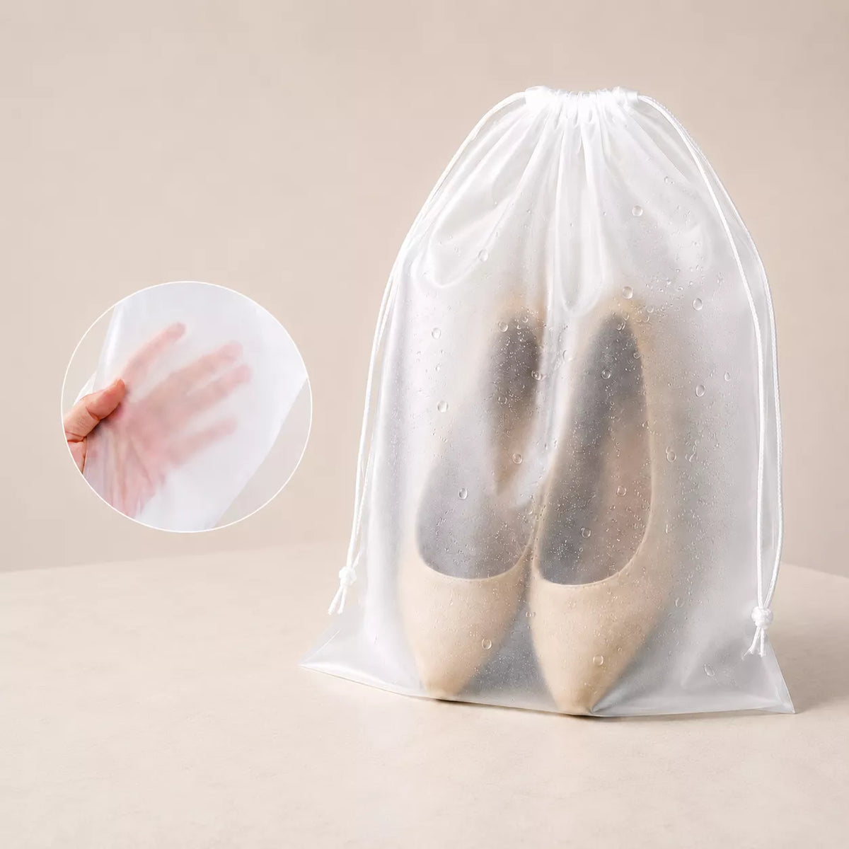 Frosted EVA shoe pouch showing semi-translucent finish — contents visible as silhouette