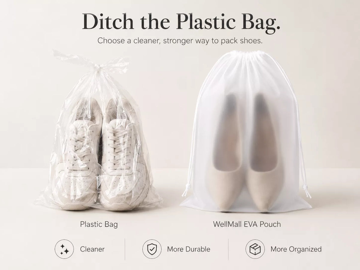 WellMall frosted EVA shoe pouch — single bag detail showing material, drawstring cord, sliding stopper, heat-welded seam and reinforced grommet rim