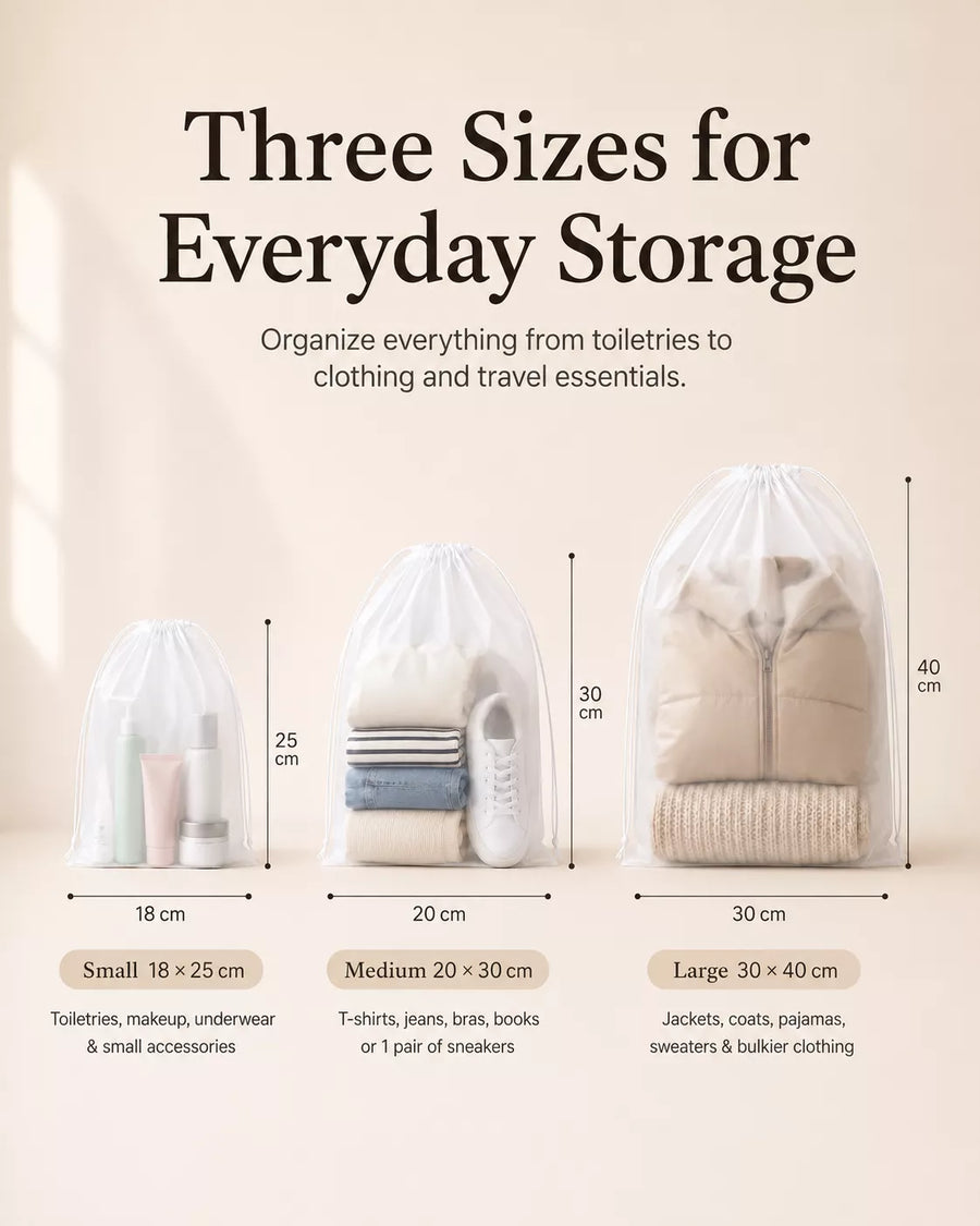 WellMall frosted EVA shoe pouch size chart — Small 18×25, Medium 20×30, Large 30×40 cm