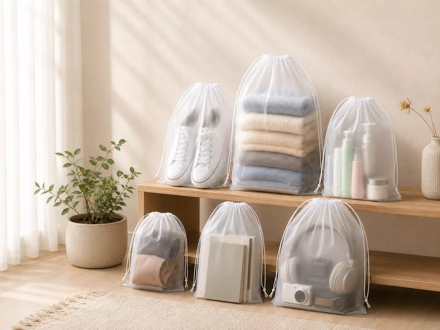 WellMall EVA pouches storing seasonal boots and hats in a closet — dust-free