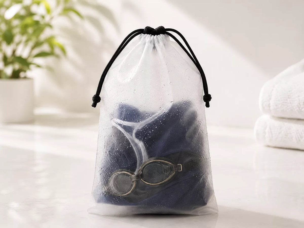 WellMall waterproof EVA frosted pouch holding wet swimsuit — sealed and clean