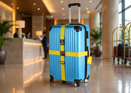 WellMall adjustable strap wrapped around a hardshell suitcase