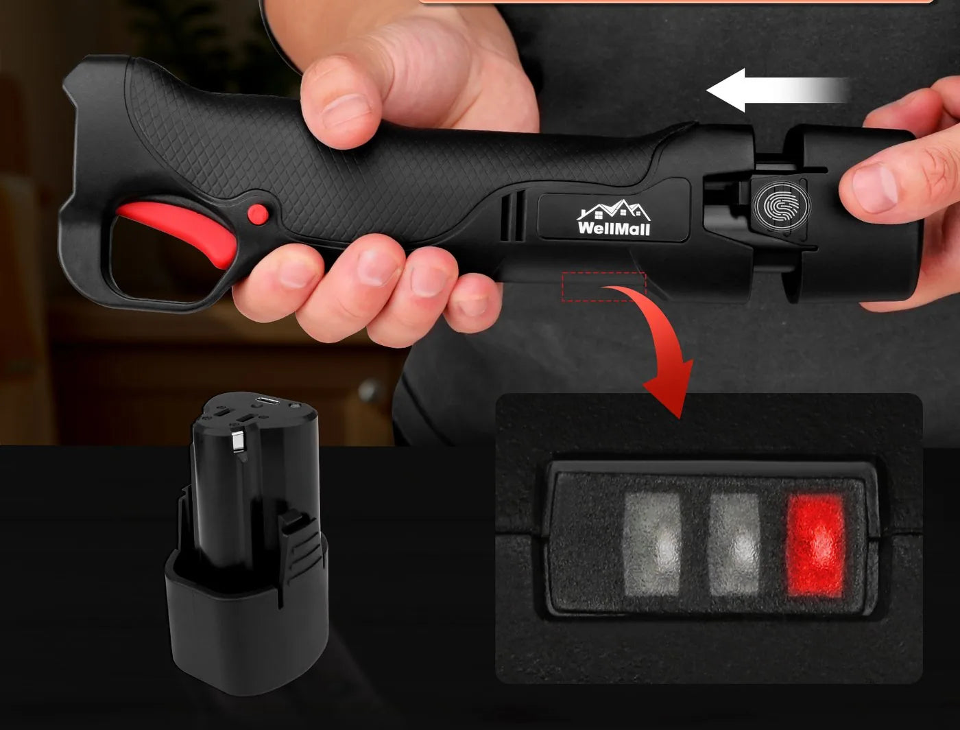 Battery pack sliding out of the knife handle with the three-bar LED charge gauge on the knife body shown enlarged