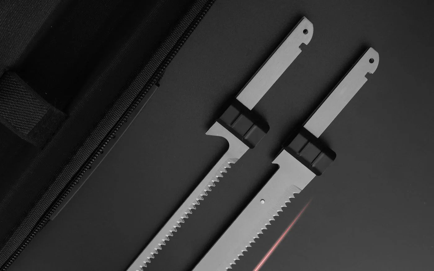 9-inch stiff and 7-inch flexible high-carbon stainless serrated blades side by side