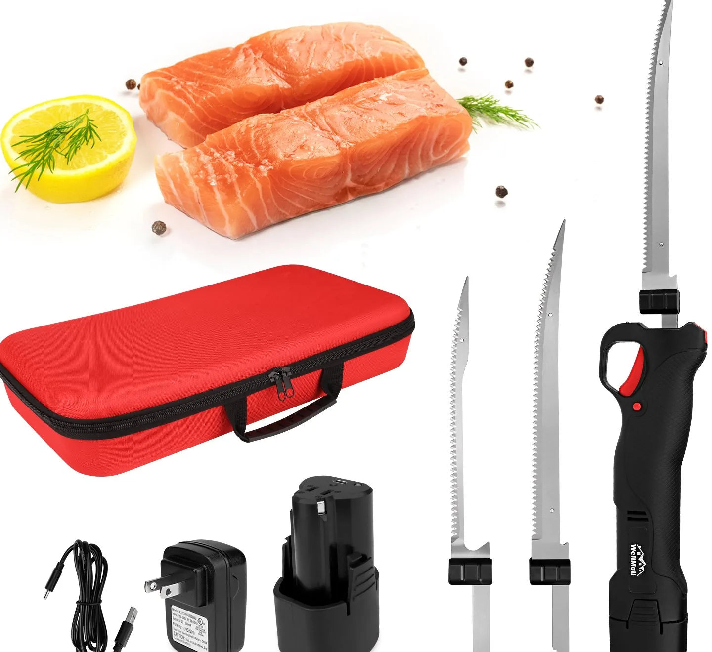 WellMall 12V cordless electric fillet knife with red hard-shell case, 12V lithium battery, wall charger, USB-C cable and both 9-inch and 7-inch serrated blades, beside two salmon fillets