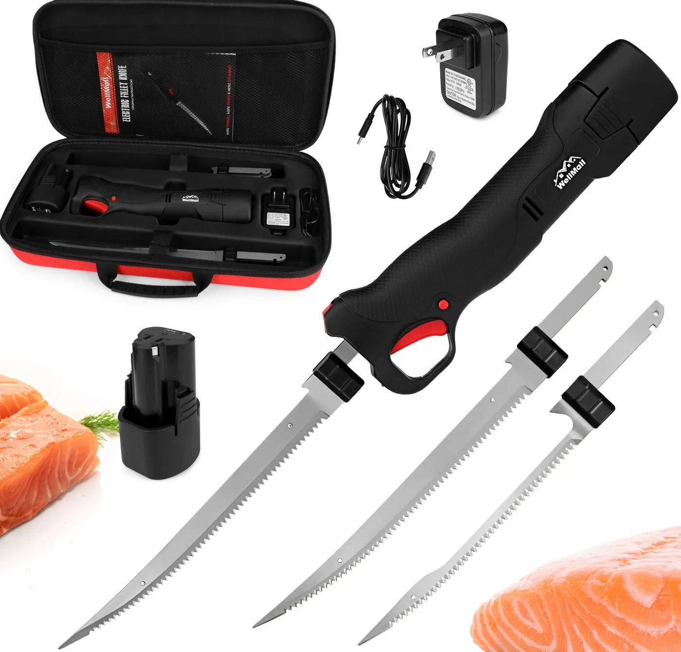 Hard-shell case open showing the knife, both blades, battery and charger seated in cut foam