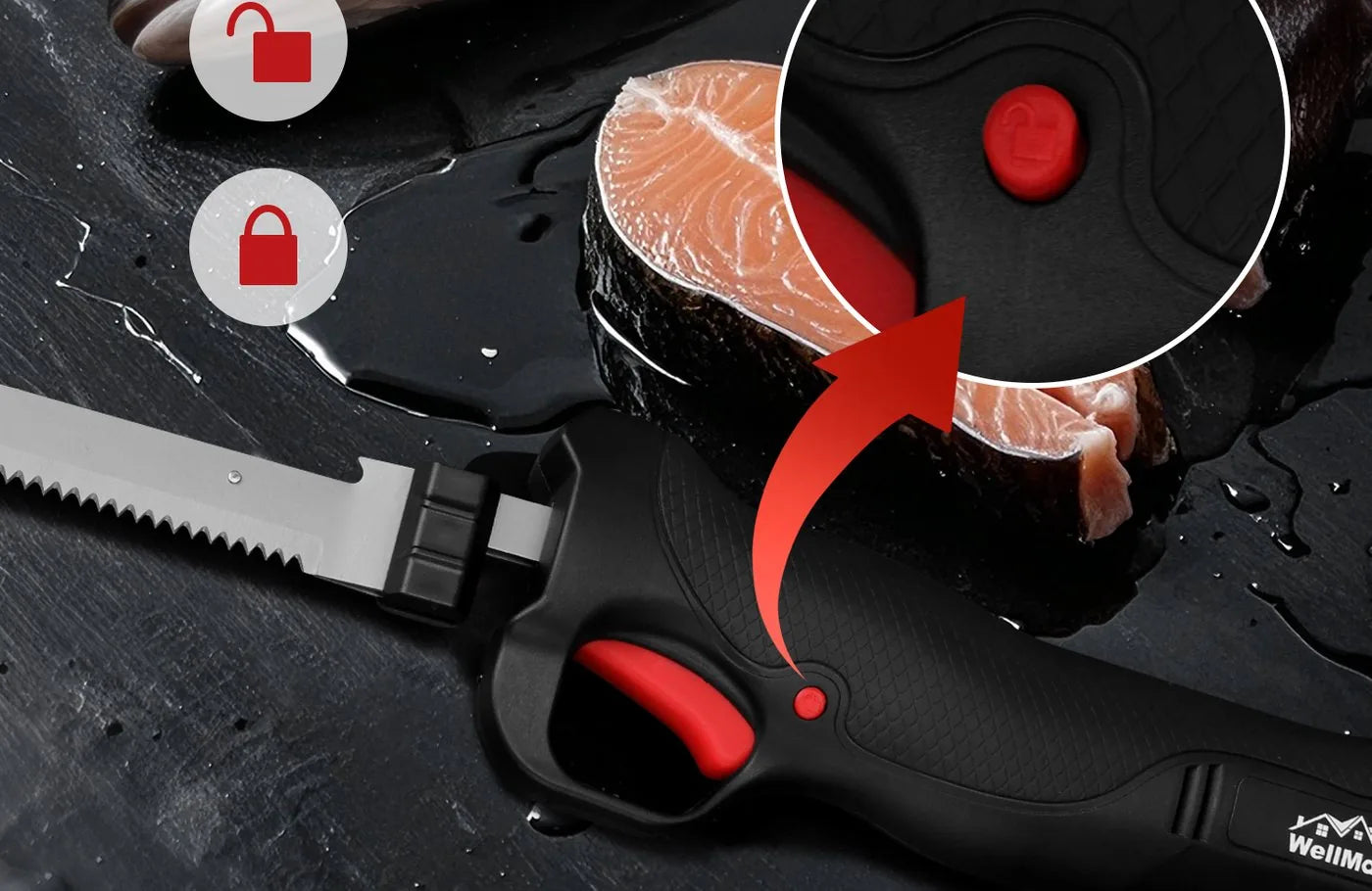 Close-up of the red safety lock button on the handle with lock and unlock icons