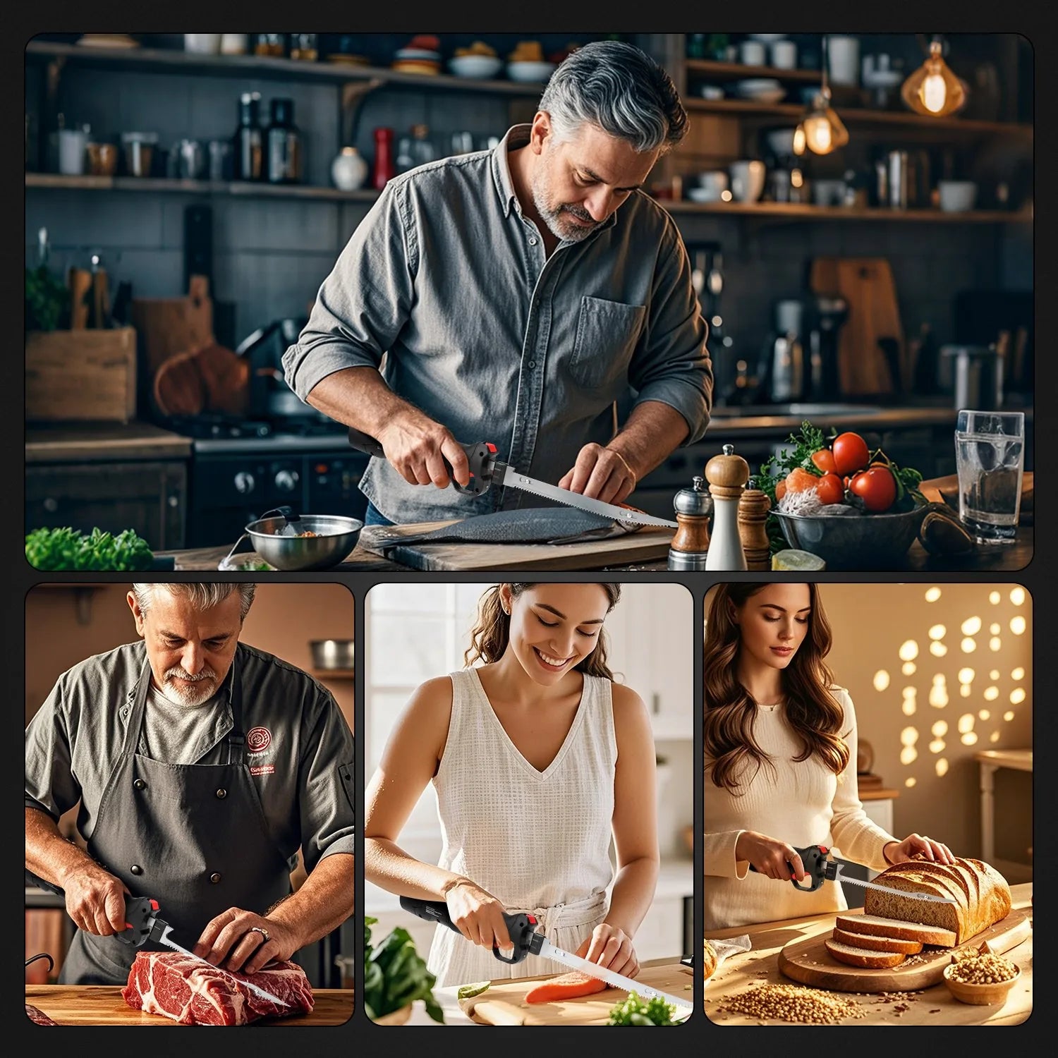 Four scenes: filleting fish, slicing cooked red meat, slicing vegetables, and slicing a loaf of bread