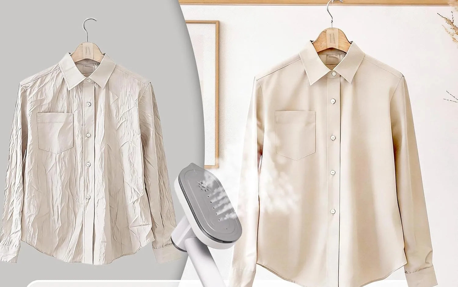 A shirt before and after a pass with the steamer