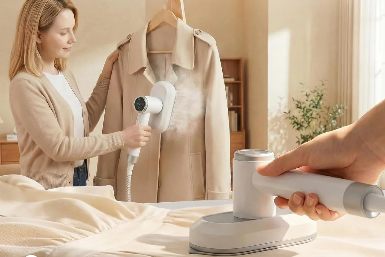 Steaming a coat on a hanger with the handheld head