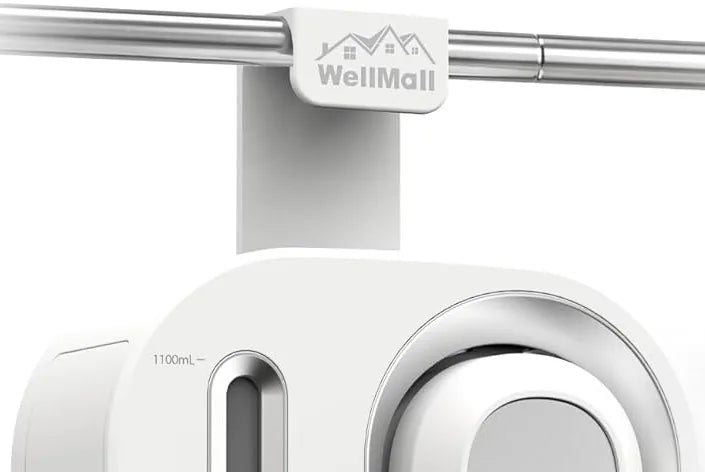 The WellMall pull-out hook clipped over a metal wardrobe rail, holding the unit in place
