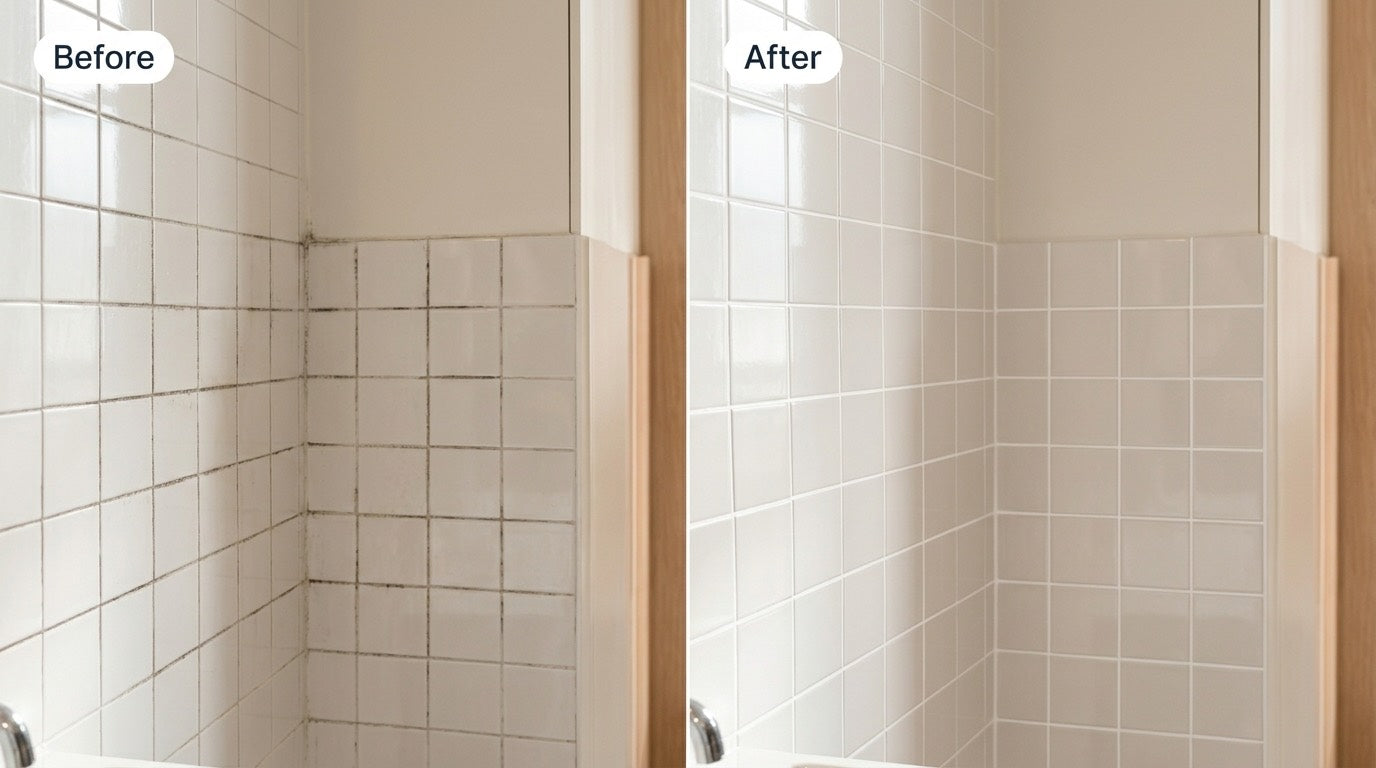Tile grout before and after WellMall steam cleaning - mildew cleared