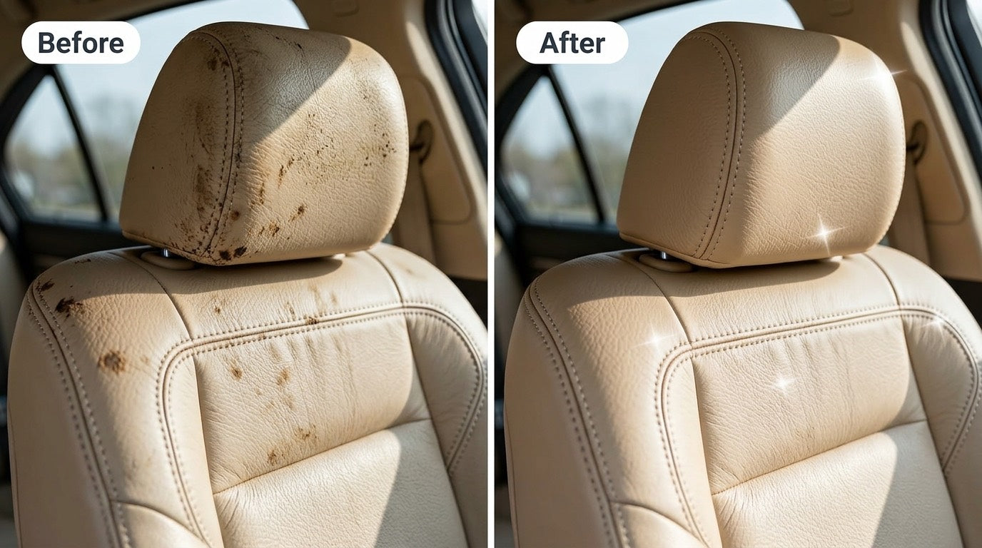 Leather car seat before and after WellMall steam cleaning