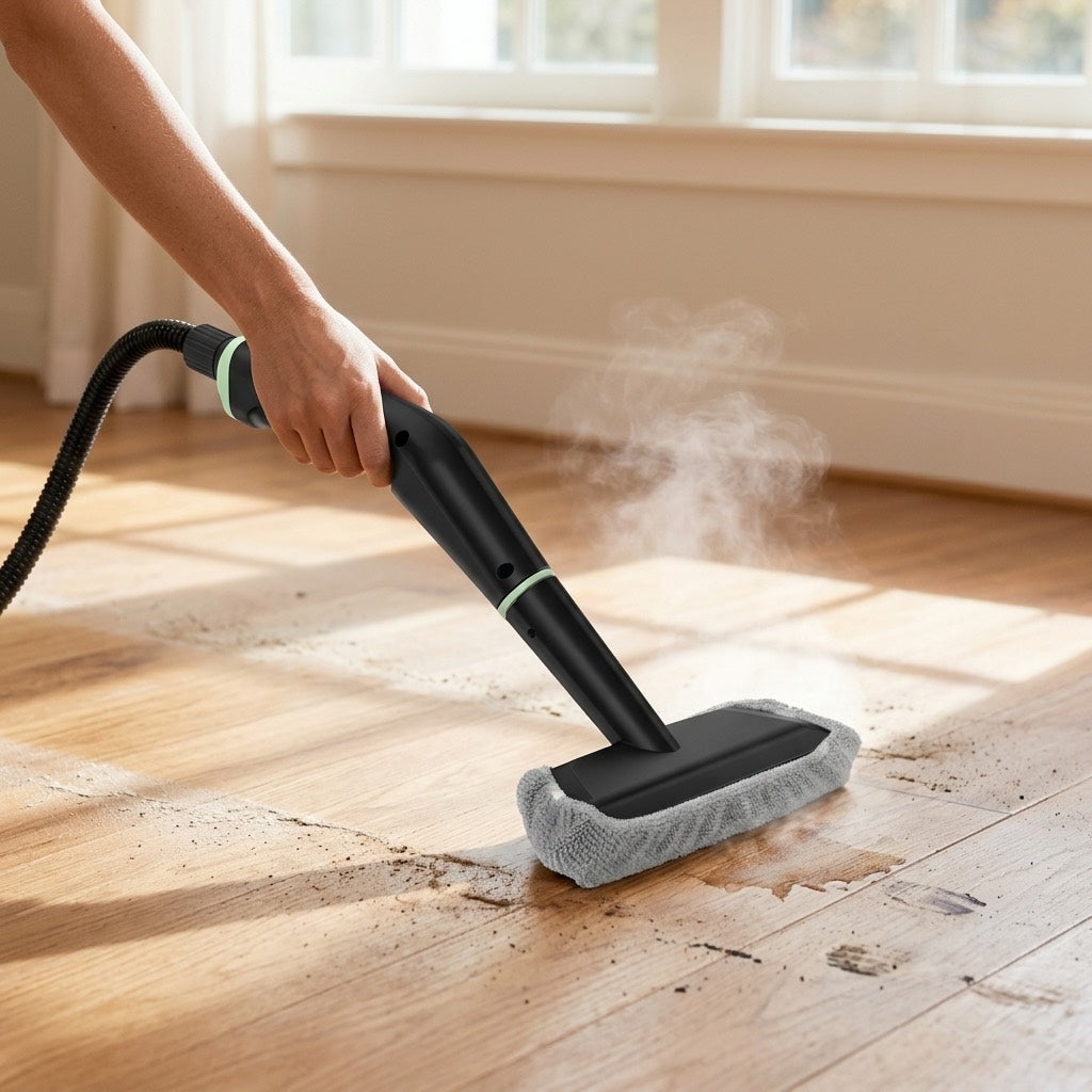 WellMall steam cleaner mopping a hardwood floor
