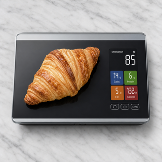 Scale with croissant and breakfast bowl