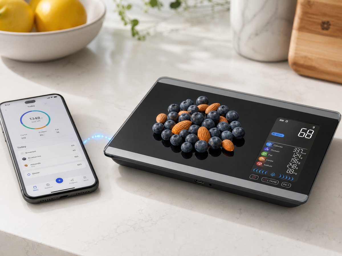 Smartphone showing Fitdays+ app meal log next to the scale on a counter