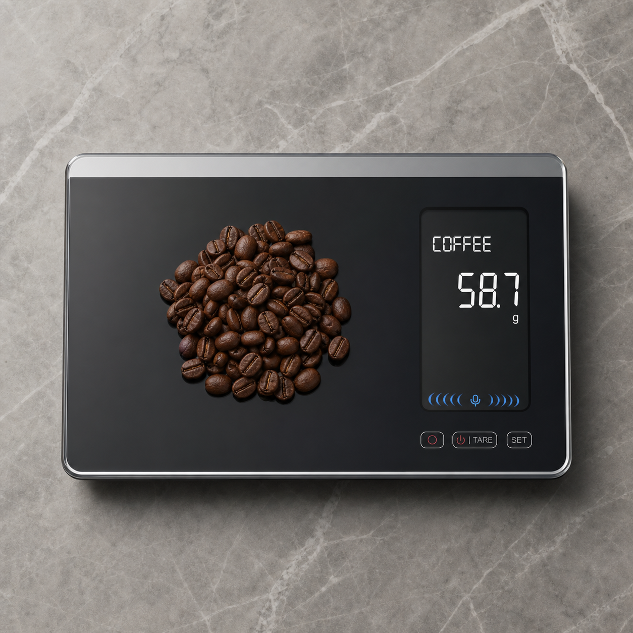 Scale with coffee beans on grey marble