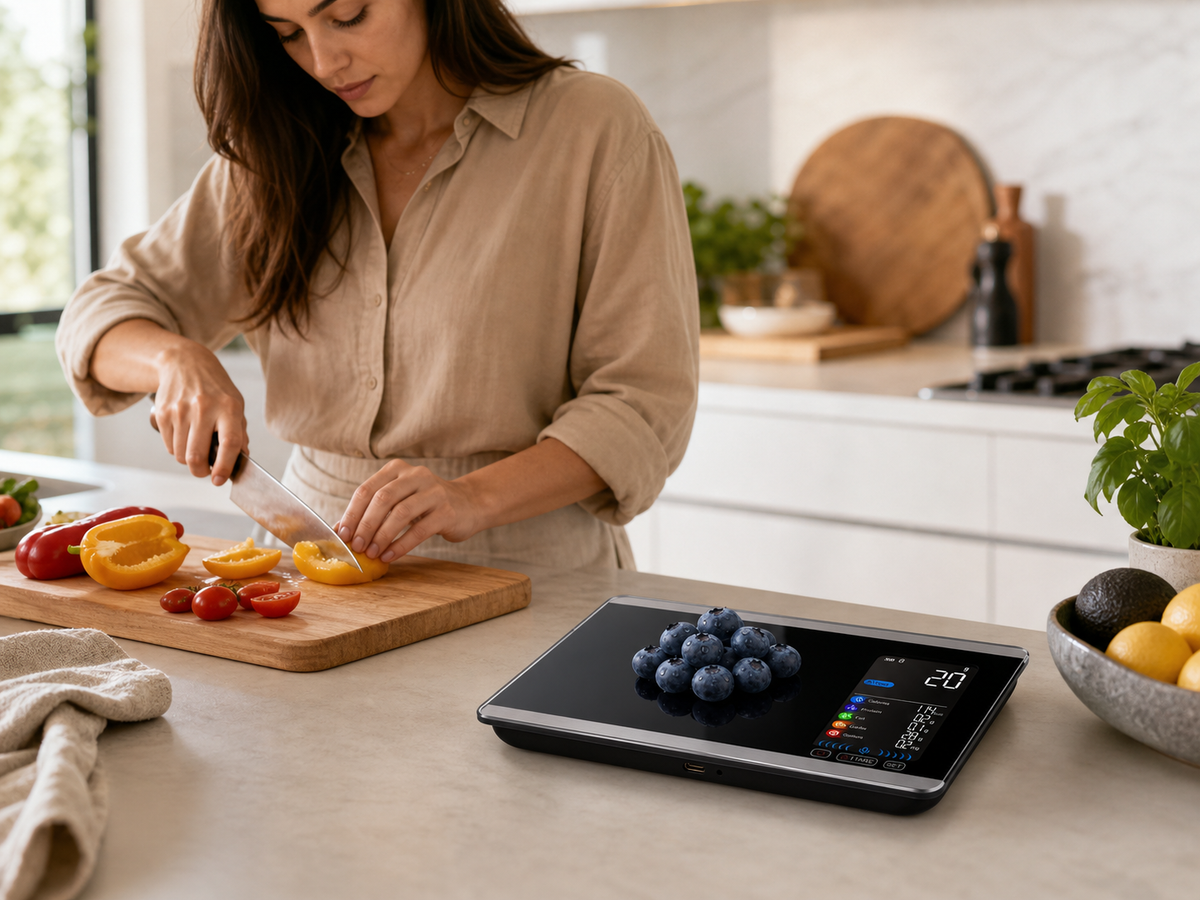 Hands kneading dough on marble countertop next to the scale, illustrating hands-free weighing