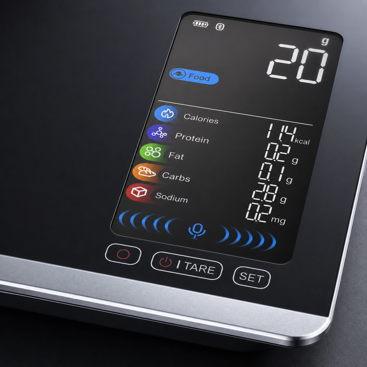 Scale product detail showing glass panel and touch buttons