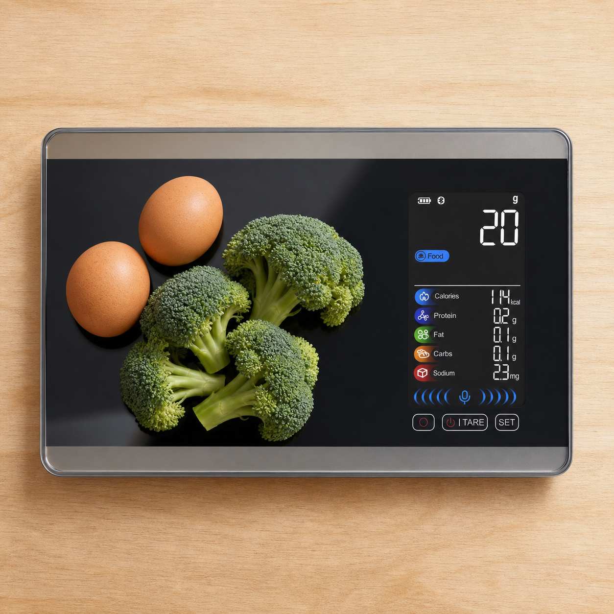Scale with eggs and vegetables