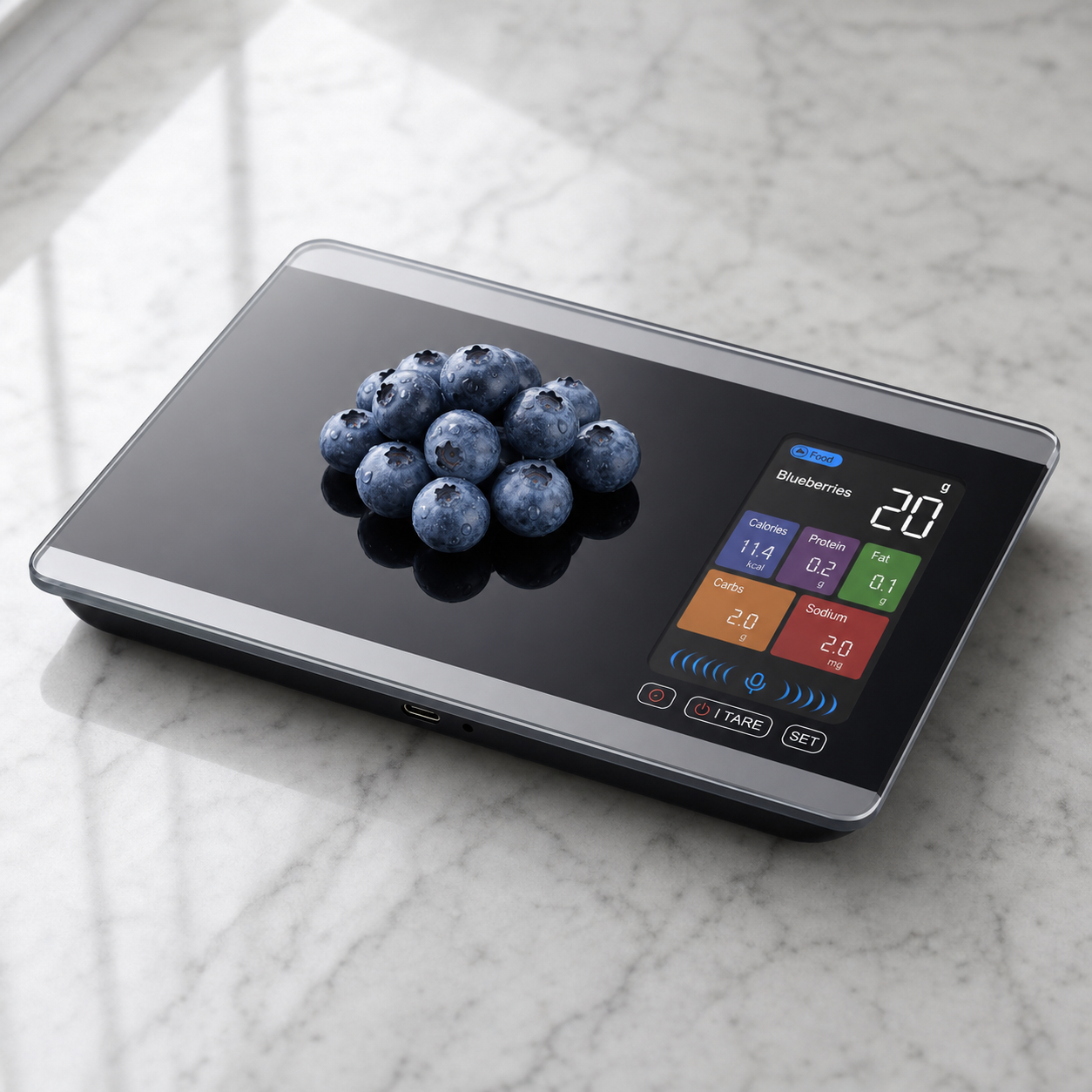 AI Voicing Smart Nutritional Kitchen Scale in black tempered glass, placed on light grey marble countertop, showing APPLE 100g and calorie/macro data on the VA color display