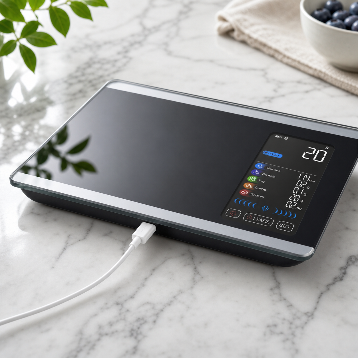 Scale side view showing USB-C charging port