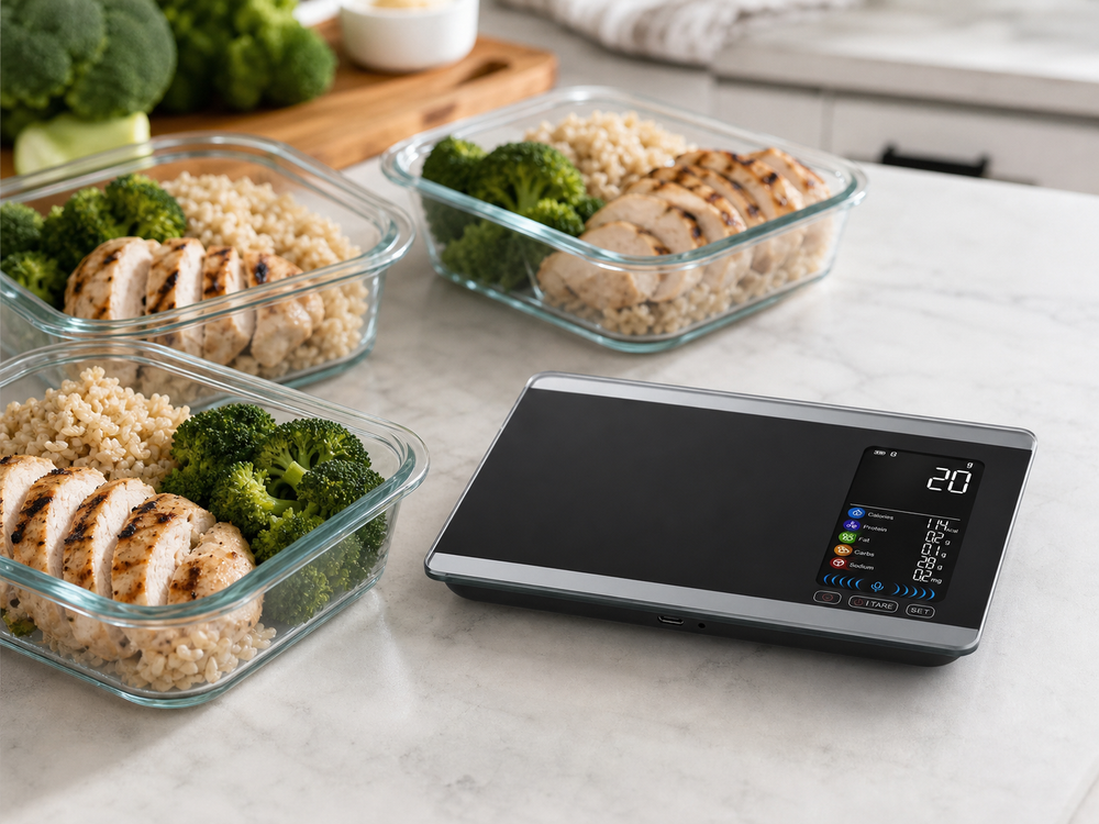 Weighing meal-prep portions — chicken, rice and veg with macros on screen